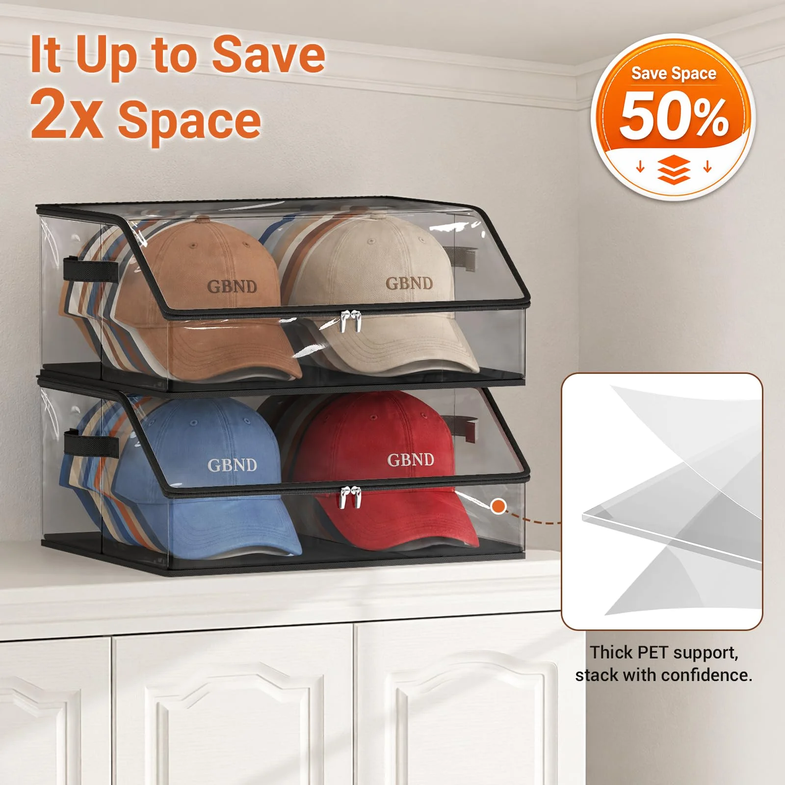 Stackable Hat Organizer Holds 22 Caps, Clear Hat Storage for Baseball Caps, Large Hat Box Display for Closet with Handles