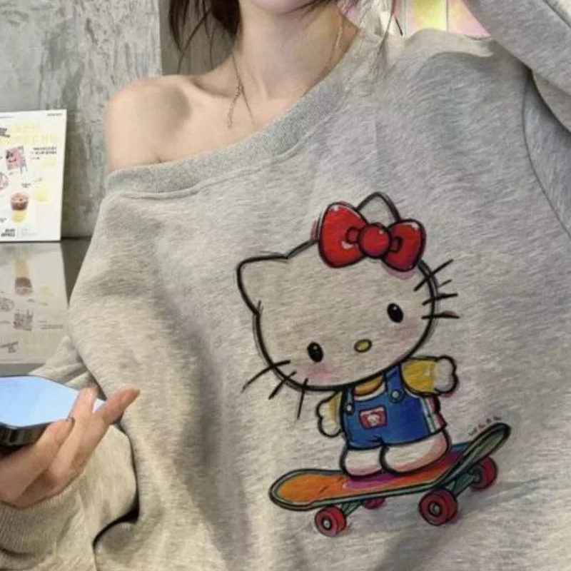 

Свитшот Sanrio Hello Kitty с открытыми плечами, женский, с длинными рукавами, весенне-осенний, очень милый, свободный, модный, топ с длинными рукавами, кофта