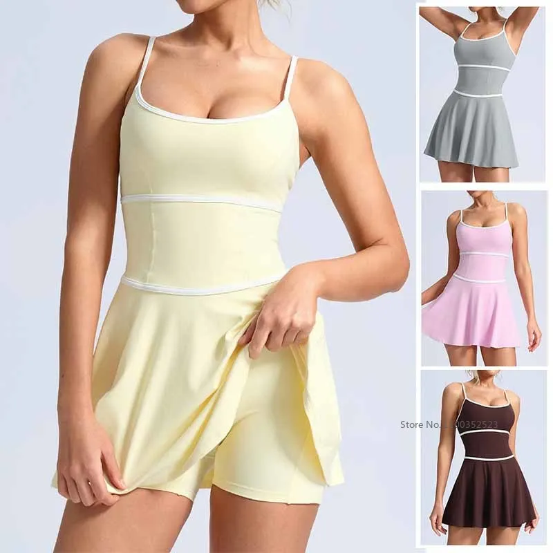Women Tennis Yoga Dress with Shorts Elastic Quick-dry Yoga Skirt Striped Golf Workout Dress Female Fitness Sleeveless Sportswear