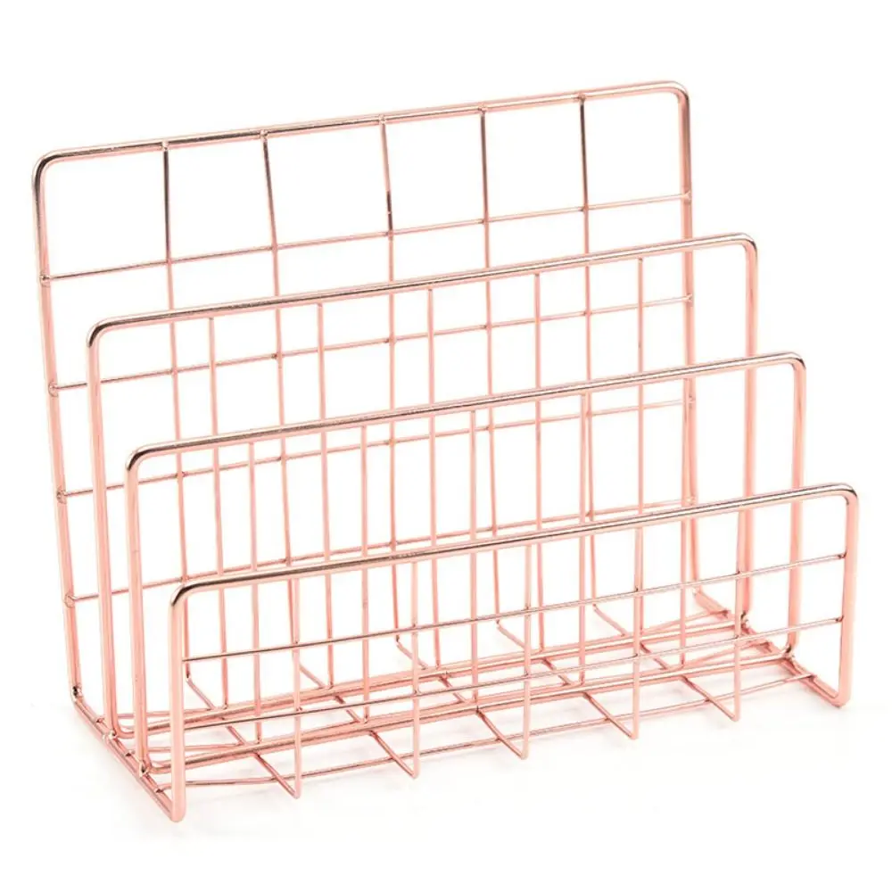 

Lightweight Nordic Iron Bookshelf Rose Gold Sturdy Book Record Holder 3 Slots Save Space Document Storage Shelf Letter Organizer