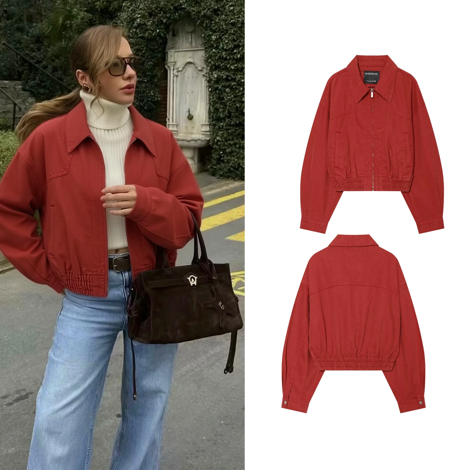 Women's Vintage Red Casual Jacket Long-Sleeve Loose Short Outerwear Chic Spring Autumn Fashion Simple Lady's Top