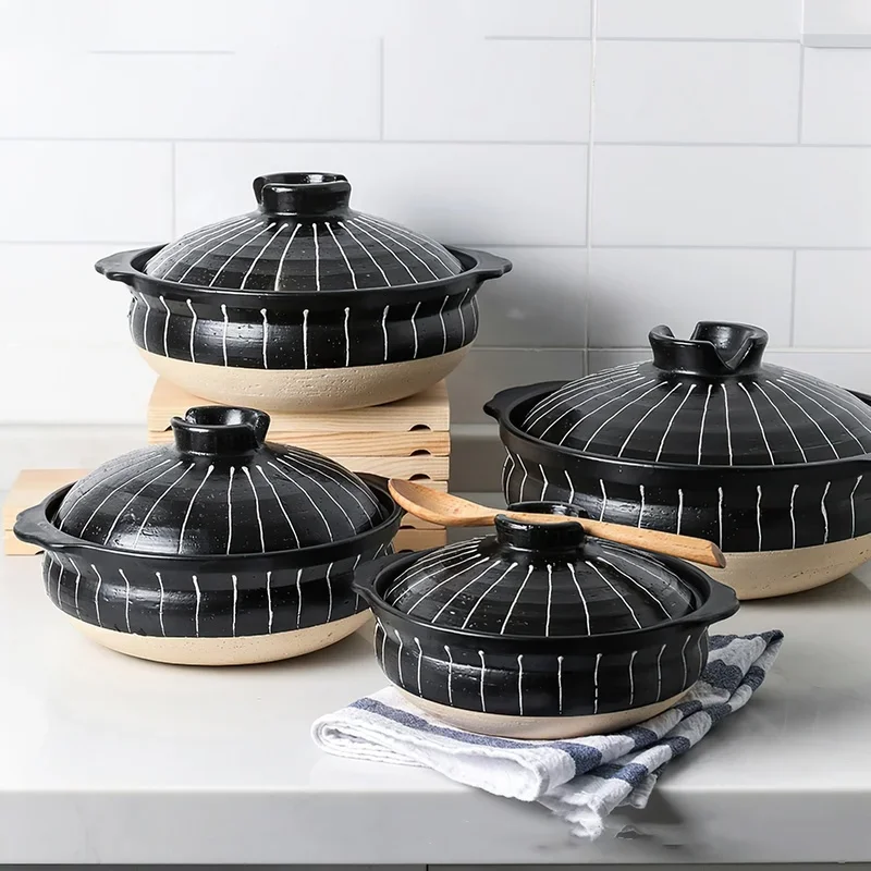 Ceramic Casserole Japanese Black Round 0.5-3L Multiple Size Cooking Pot Pan Household Kitchen Supplies Saucepan Cookware