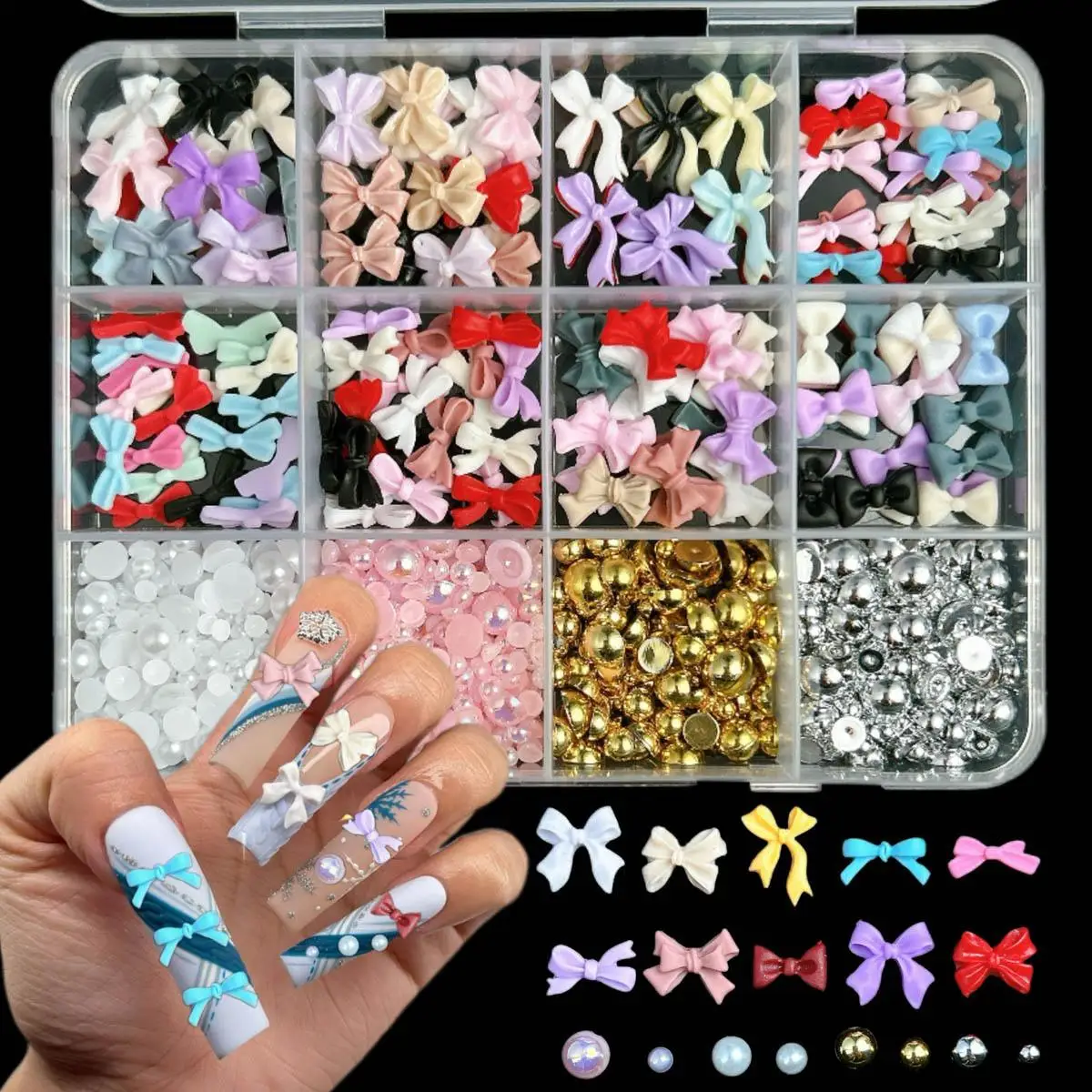 

1Box Hollowed Alloy Butterfly Heart Nail Art Charms Solid Color Bow Cartoon Rabbit Ear Popsicle Mixed Resin Nail Decorations DIY