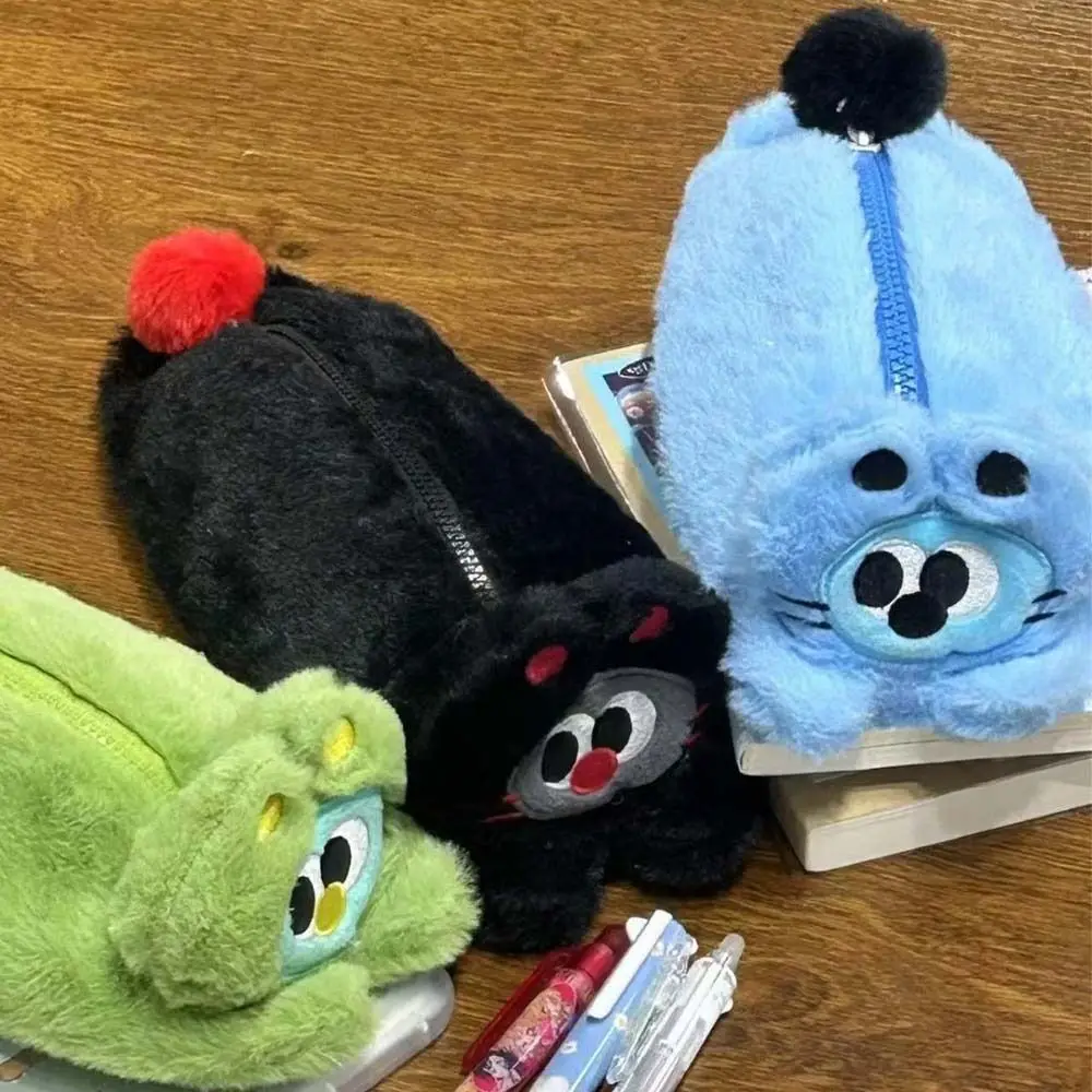 Большая вместительная плюшевая сумка для ручек с котом, плюшевая сумка для лежачего кота ярких цветов с мультяшным котом, мягкая милая плюшевая сумка для карандашей с мультяшным котом