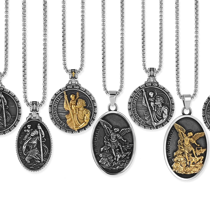 2023 New Stainless Steel St Christopher Pendant Necklace St Michael Medal Sacred Amulet Catholic Protection Religious For Man