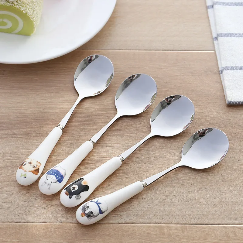 Korean Creative Cartoon Animal Ceramic Handle Stainless Steel Spoon Coffee Tea Spoon Child Meal Spoon Household Kitchen Supplies