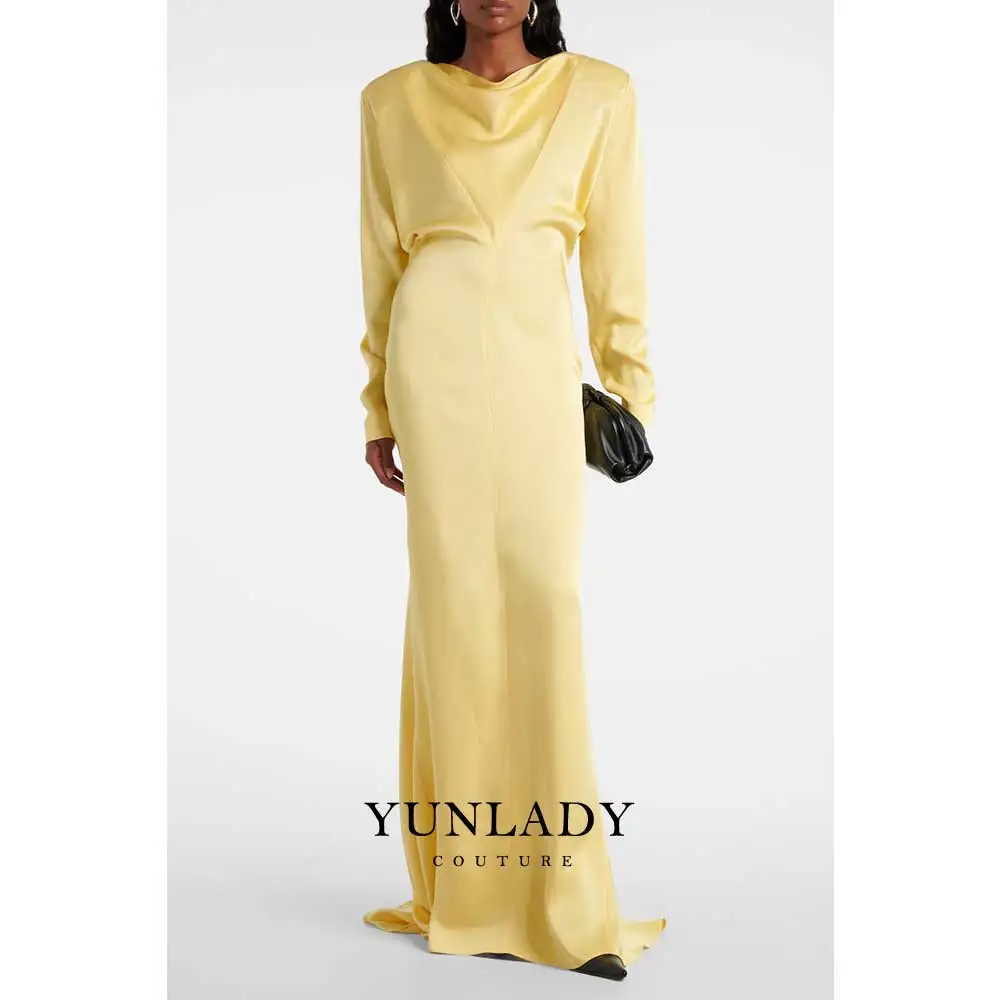 

YUNLAN Luxury Dubai Train Tail Yellow Shiny Draped Satin Elegant Evening Dress 2025 Special Occasion Formal Maxi Party Dress