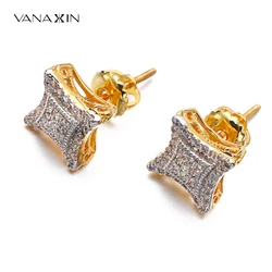 VANAXIN Hip Hop Zircon Square Bling Stud Earring Iced Out Brass Material 14k Gold Plated for Women Men Jewelry