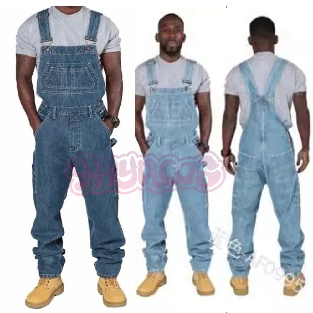 New Men's Denim Cosplay Overalls Casual Multiple Pockets Loose Splice Straight Rompers Fashion Adjustable Suspenders Jeans Male