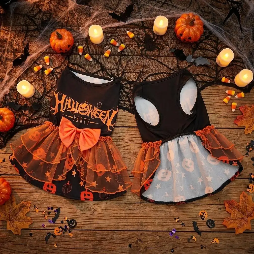 Halloween-Party-Hunde-Tutu-Kleid, Kürbis-Orange, Schleife, Tüllrock, Haustier-Cosplay-Kostüm, Kleidung für kleine, mittelgroße Hunde, Katzen, Welpen – Detail 10