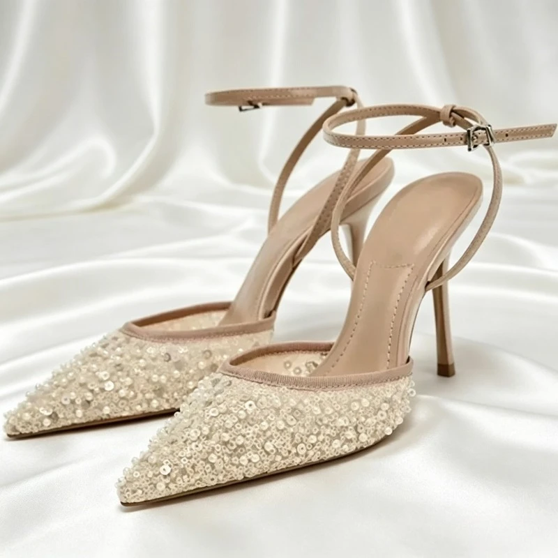 

Brand Design Mesh High Heels Women Bling Breathable Elegant Party Dress Shoes Fashion Sexy Pointed Toe Pumps Sandals Ladies