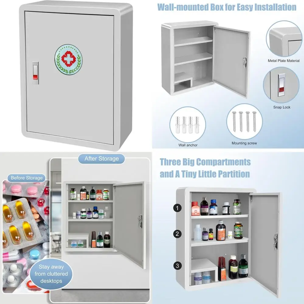 

Large Gray Wall-Mounted First Aid Cabinet with Latch for Medication and Supplies Storage at Home, Office, and School