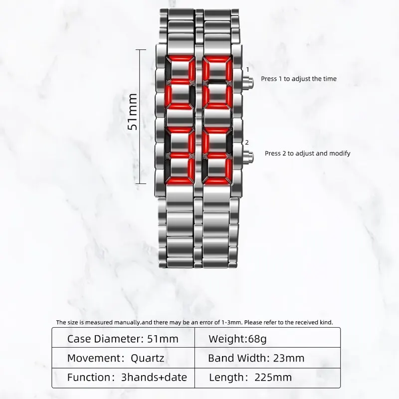 Fashion Silver Full Metal Digital Lava Wrist Watch Men Red LED Display Mens Watches Gifts for Male Boy Sport Creative Clock