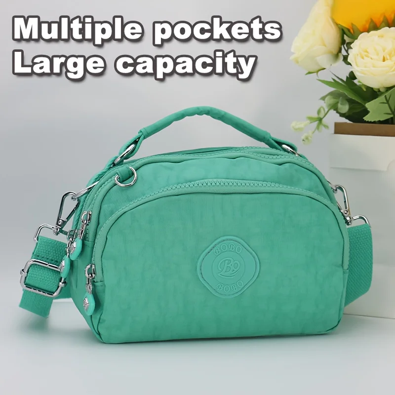 Women's Multi-Pocket Nylon Crossbody Bag, Fashionable Handbag Message Bag with Removable Shoulder Strap.