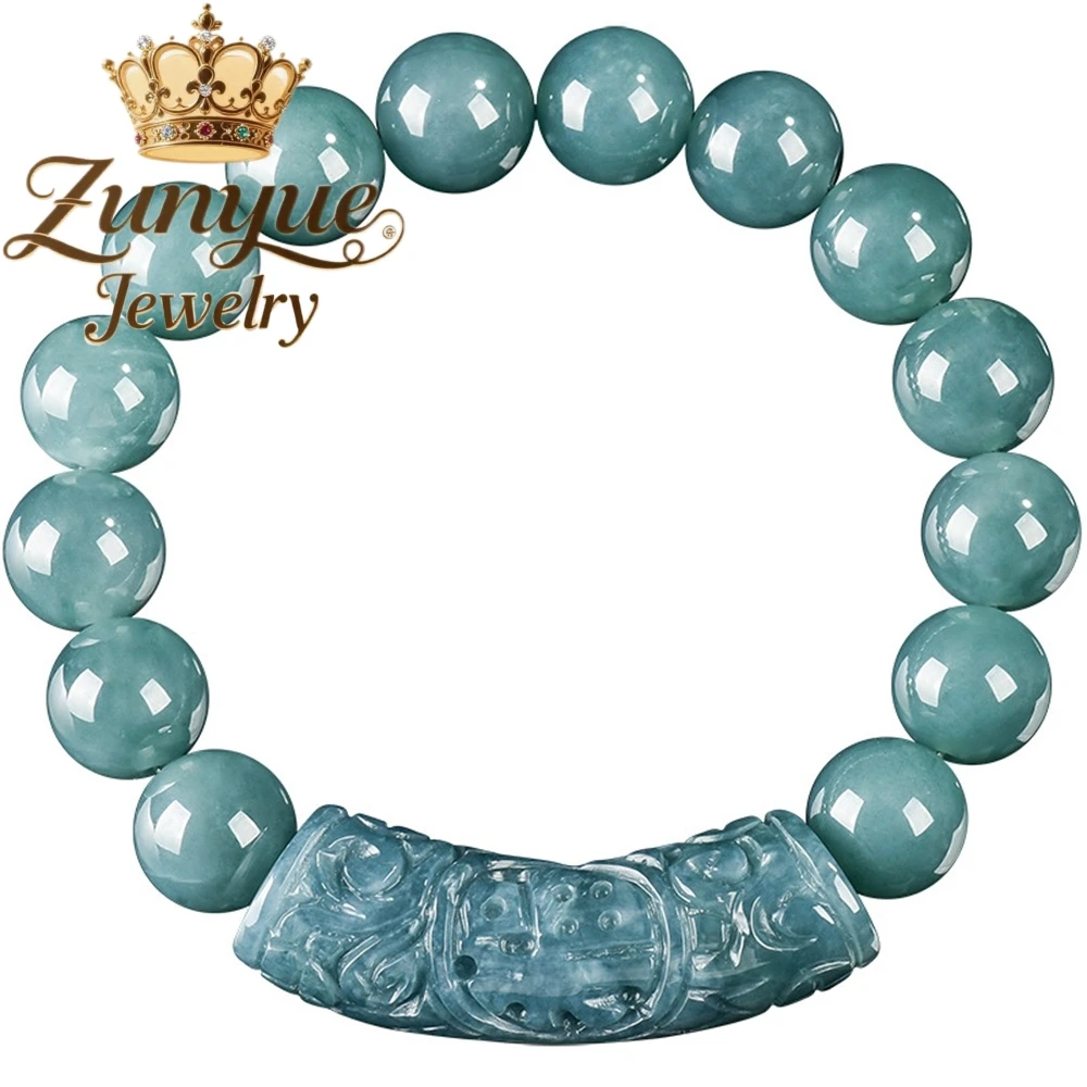 Genuine Natural A-grade Jadeite Blue Water "Fu" Character Curved Bar Bracelet Ice-type  Luxury Quality Jewelry Fine Holiday Gift view 5