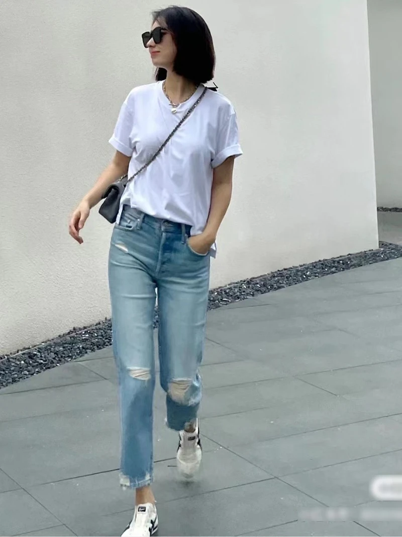 

Spring Summer New Sle Light Blue Slim Fit Denim Jeans Boyfriend Sle Straight Leg Women's Pants Vintage Waed l Waist