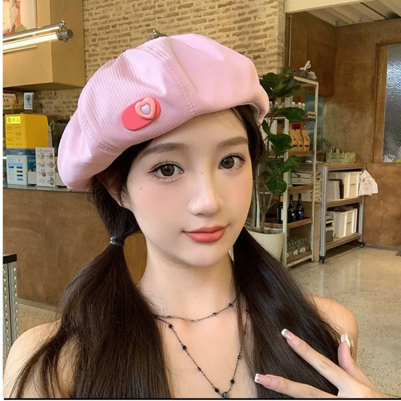 Pink Sweet Charm Heart-Shaped Candy Thin Breathable Beret Women Versatile Retro Lightweight Design That Makes Face Look Smaller