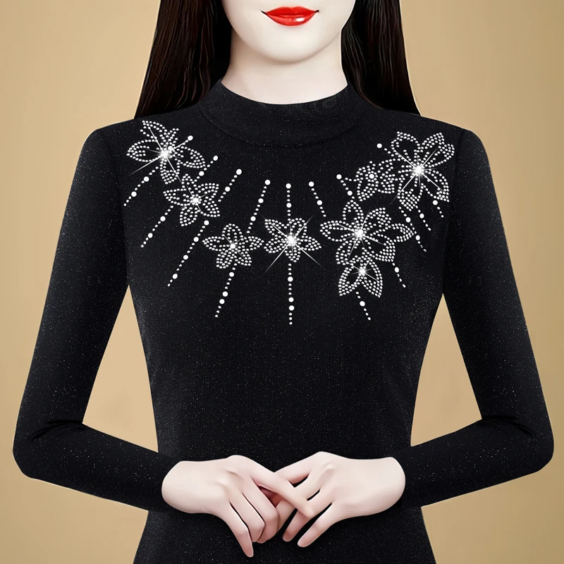 

2025 осенне-зимняя женская футболка, новая модная рубашка с длинным рукавом, тонкий повседневный топ с высоким воротником и бриллиантами