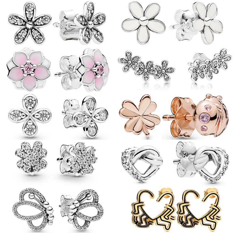 

925 Sterling Silver Stud Earrings Flower Butterfly Ladybug Heart Daisy Hoop Earring For Women Making Wedding Party Jewelry Gift