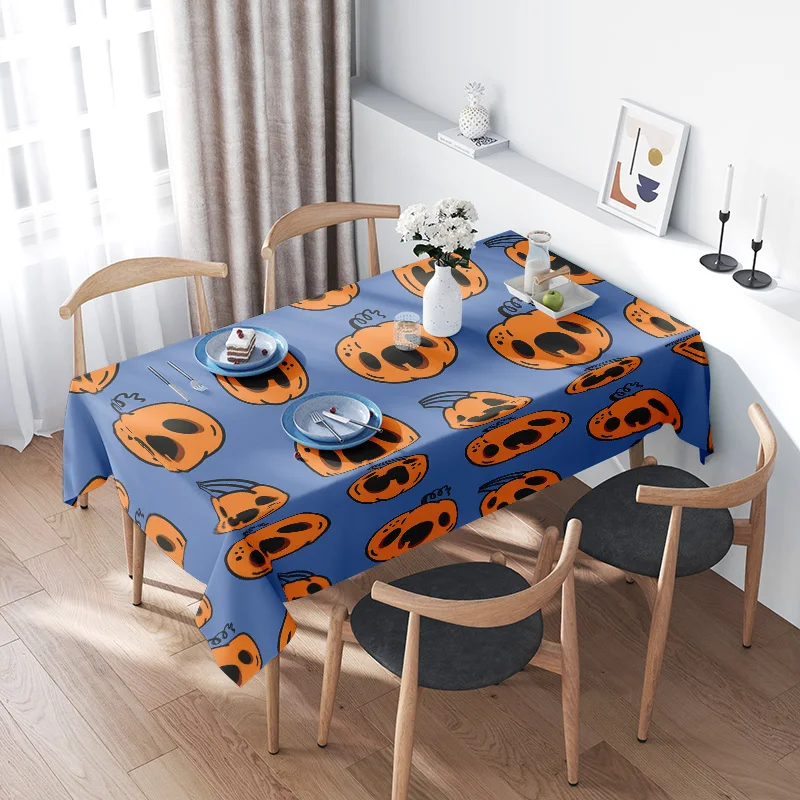 

Halloween Pumpkin-Themed Tablecloth With Blue Background For Home Decoration Kitchen Dining Room Party Supplies Decor Polyester