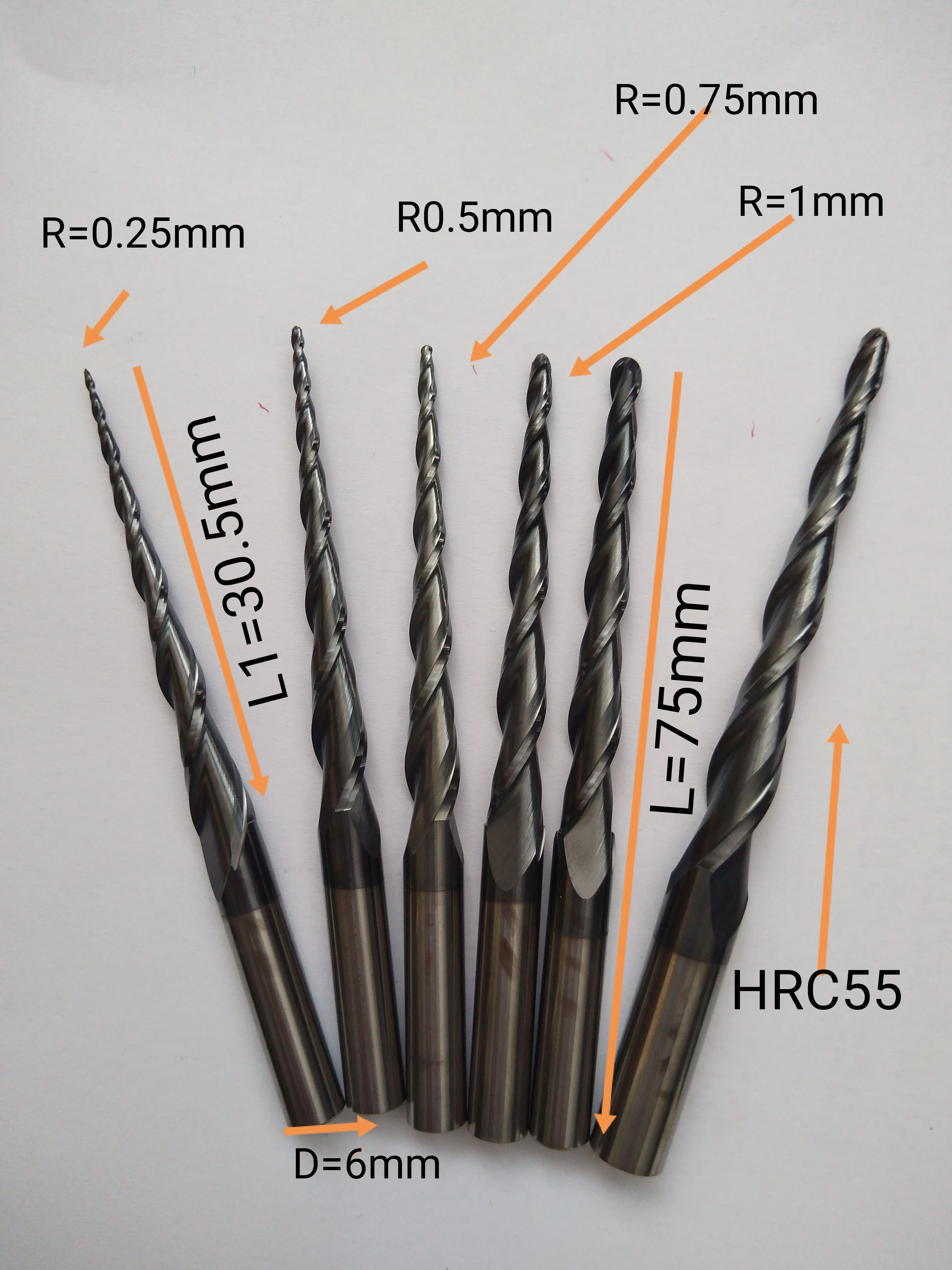 R0.25/R0.5/R0.75/R1/R1.5/R2 XD 3.175/4/6/8mm2F*HRC55 Ball Nose Tapered End Mills Router Bits CNC Taper Wood Metal Milling Cutter