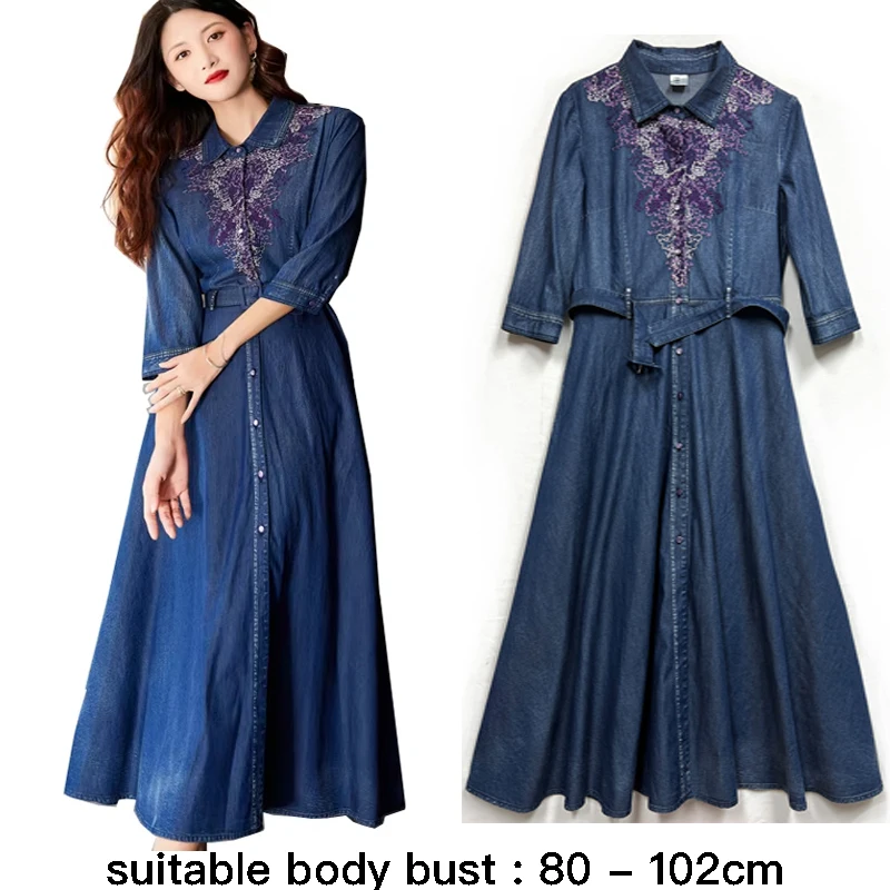 

High quality long denim dress for women half sleeve retro embroidery cotton new 2024 summer lady elegant vintage clothing blue