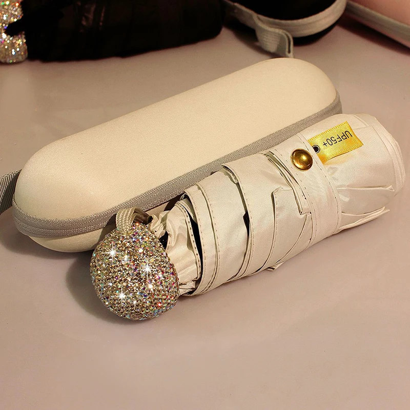 مظلة صغيرة فاخرة من حجر الراين الماسي مكونة من 5 أضعاف للنساء مقاومة للرياح وواقية من الشمس ومظلة محمولة للسفر وخفيفة الوزن