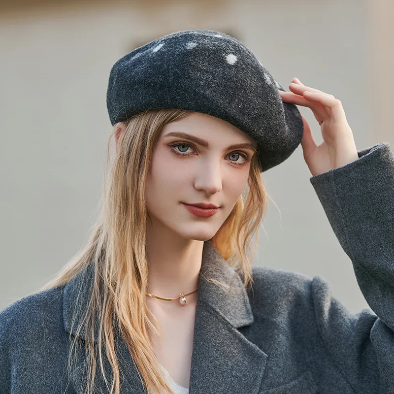 Elegant Women Girls Berets Cap French Artist Warm Woolen Winter Beanie Hat Black Vintage Beret Cashmere Hat Polka Dots Wool Cap