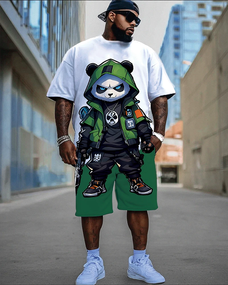 S-9XL Large Size Men's Panda Cartoon Short-sleeved T-shirt + Shorts Two-piece Set