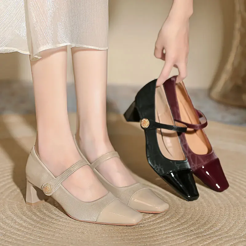 Tacones altos con punta cuadrada para mujer, tacones medios, primavera y otoño, nueva palabra de retazos con zapatos Mary Jane de estilo de fragancia pequeña