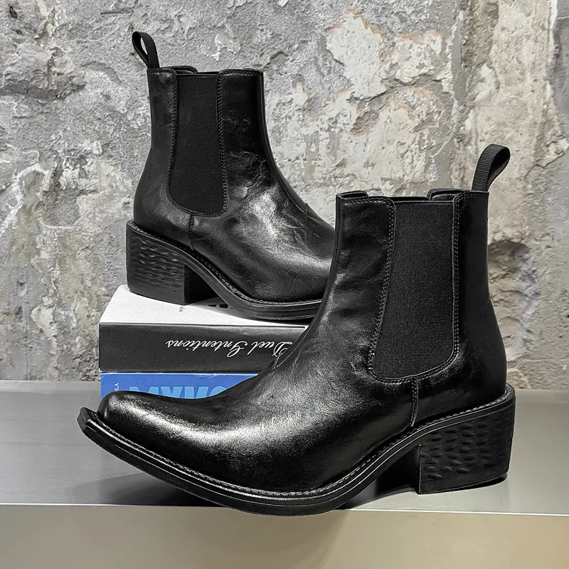 big size mens fashion hip hop rock high chelsea boots black brown pointed toe shoes cowboy genuine leather boot motorcycle botas - view 2