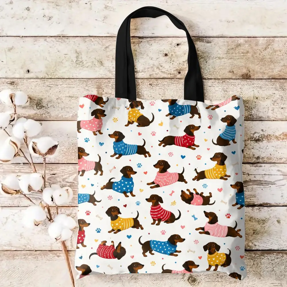 A collage displaying multiple styles of canvas tote bags with colorful dachshund patterns along with product quality highlights.
