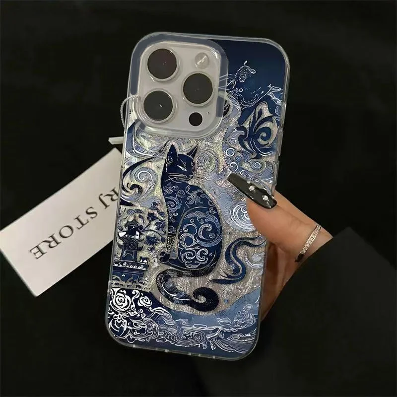 เคสโทรศัพท์ลายแมวโทเท็มสีน้ำเงินสำหรับ Oppo Reno13 Reno12 Reno11 Reno10 Reno8 Reno7 Reno6 Z T Pro 4G 5G  ฝาหลังลายขนนก