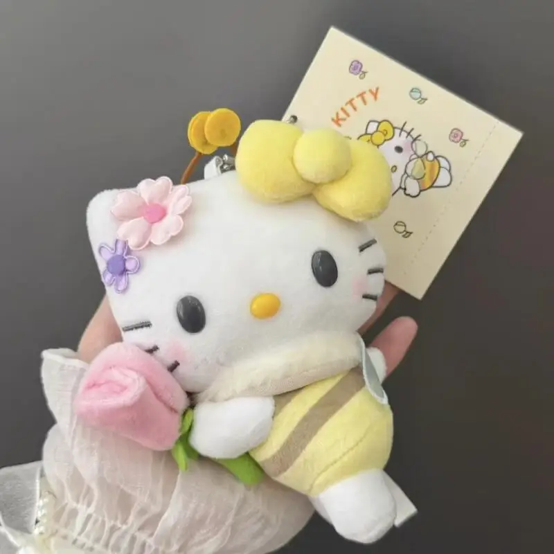 

Cute Sanrio Hello Kitty Spring Flower Field Bee Series Yellow Plush Keychain Car Key Anti-Lost Decoration Schoolbag Charm Gift