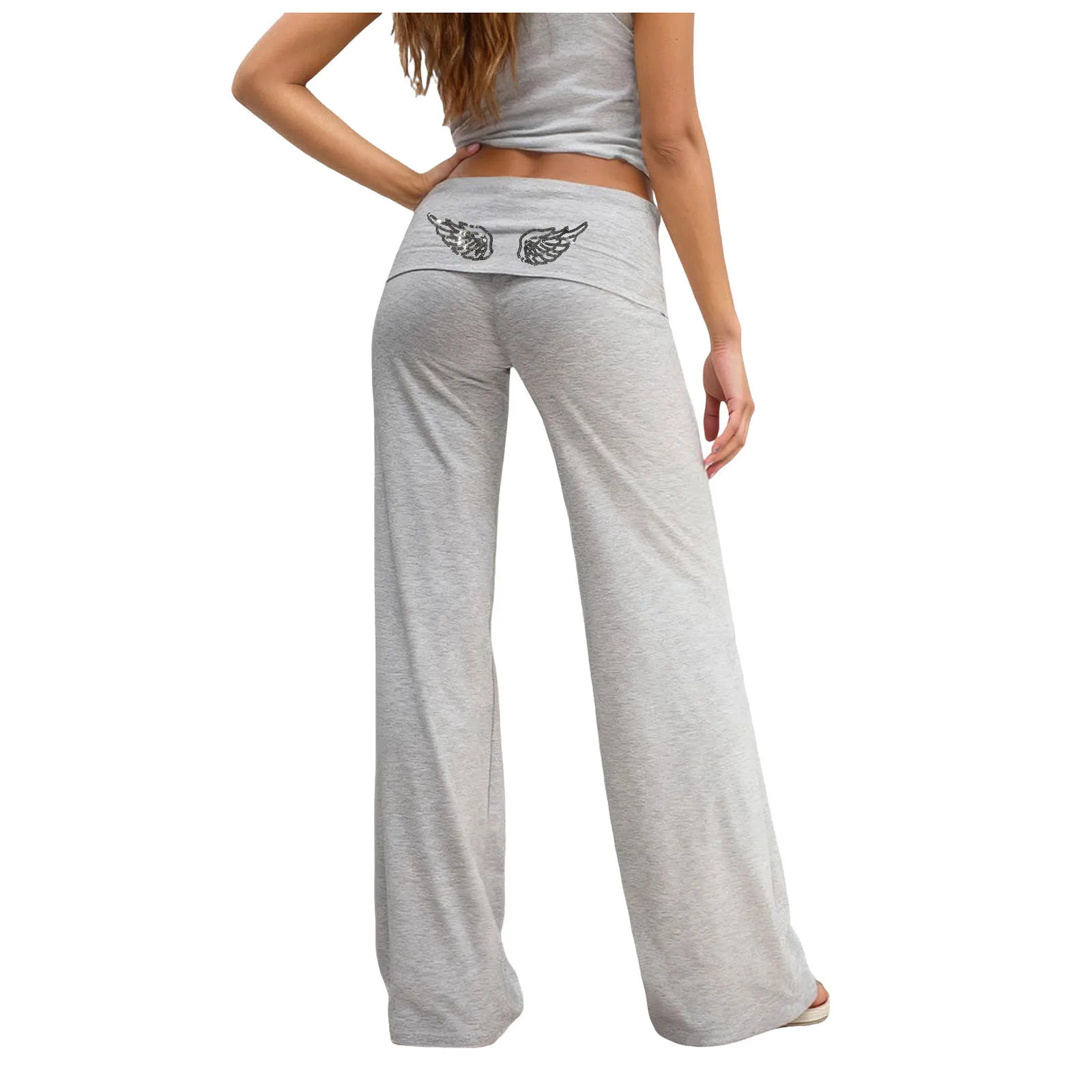 Women's Angel Wing Embroidered Wide Leg Pants Low Rise Fold Over Waist Loose Fit Sweatpants Y2k Solid Straight Leg Trousers