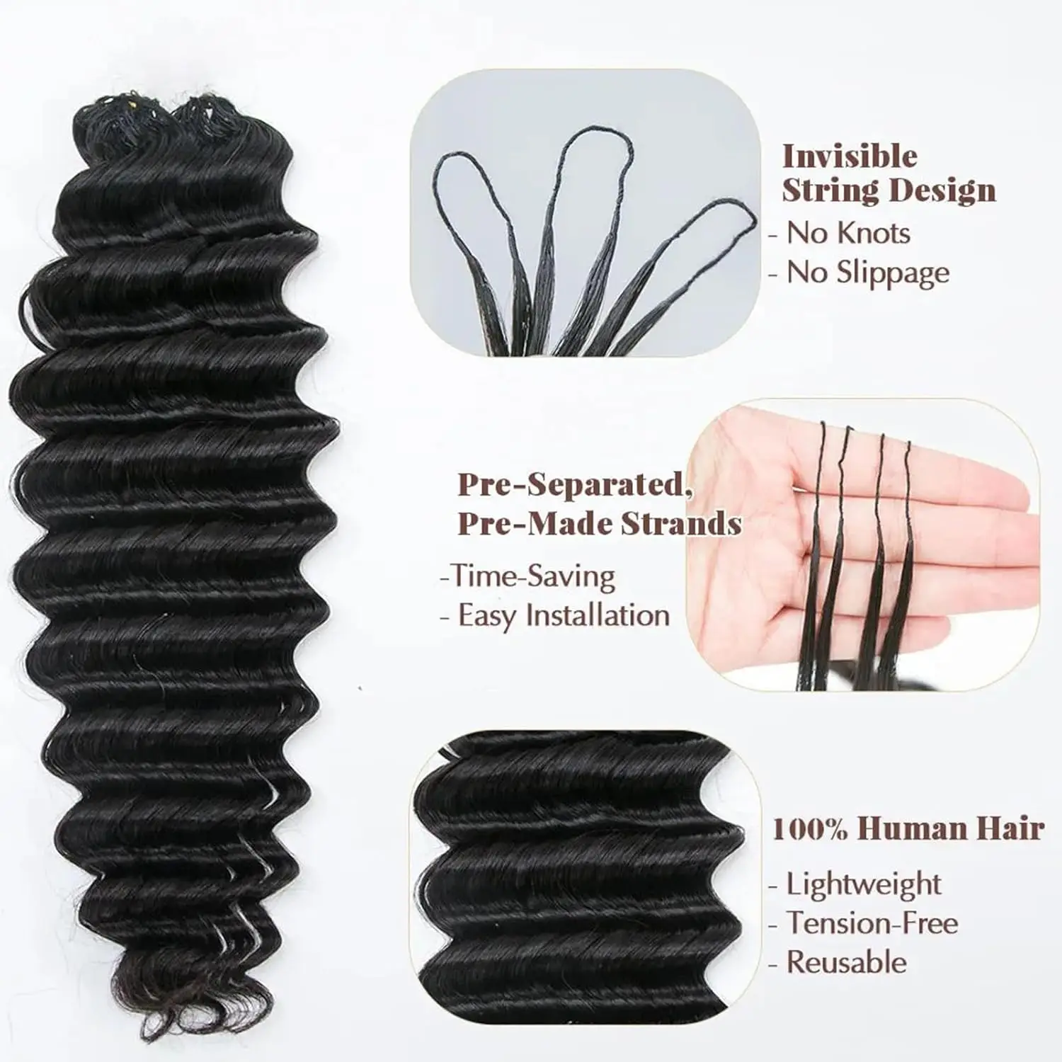 12A Deep Wave Feather Crochet Hair Double Drawn 100% Human Hair Pre-Separated Crochet Feather Hair Extensions For Braiding