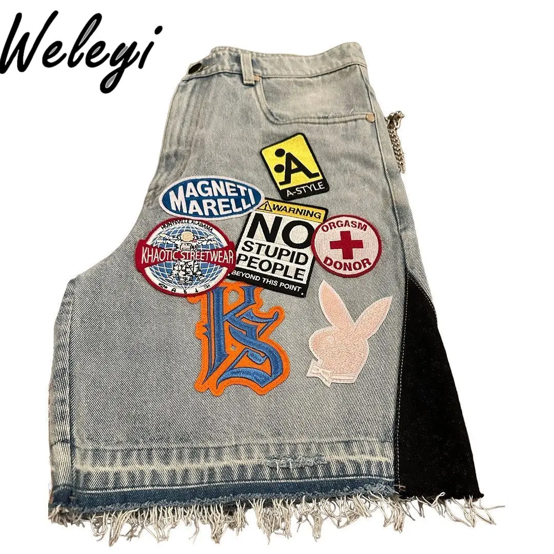 Goth Light Blue Cartoon Embroidered Patch Short Jeans for Men Women Y2k Punk Fashion Couple Loose Trend Straight Denim Shorts