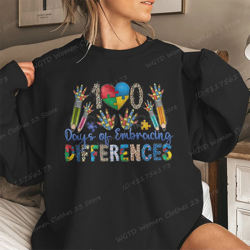 

Autism 100 Days Of Embracing Differences Print Sweatshirt Teacher Pullovers Long Sleeve Crew Neck Top Women Oversized Sweatshirt