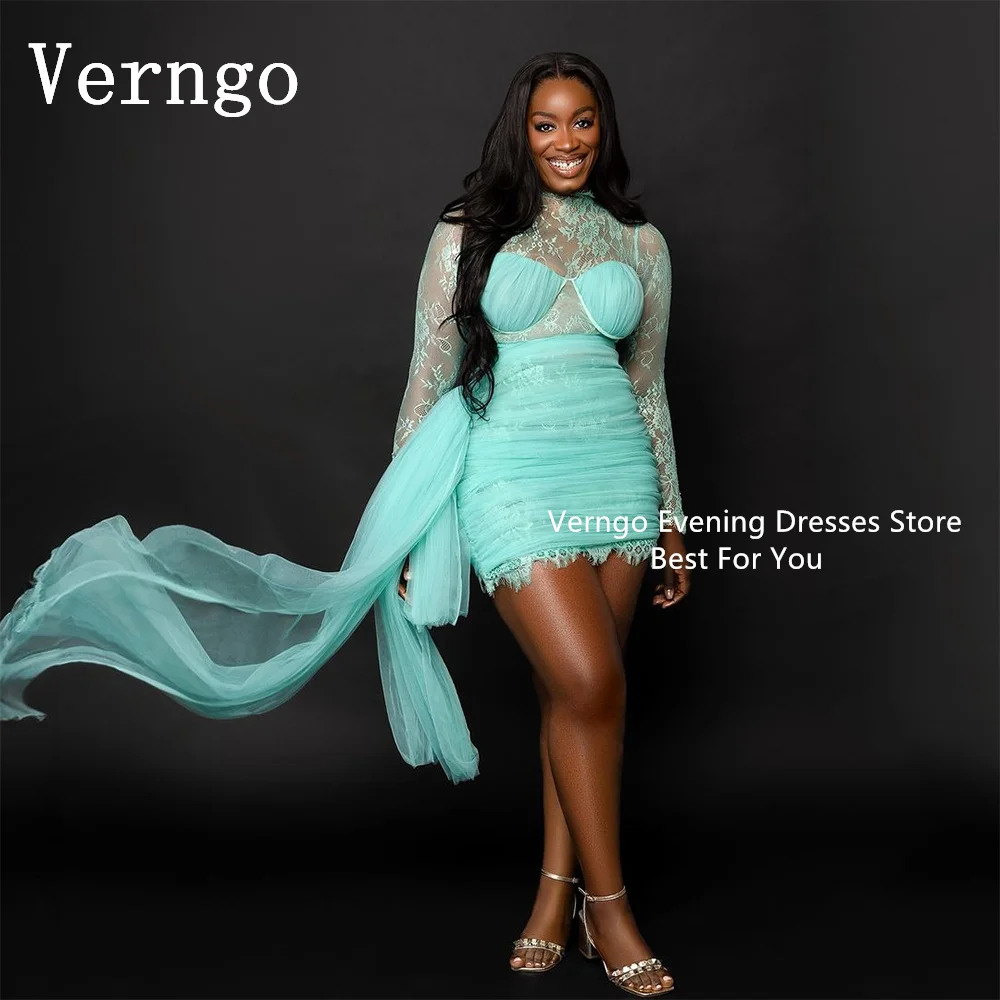 

Verngo Turquoise Lace Mini Party Dress HIgh Neck Full Sleeves Short Cocktail Dress Women Sexy Plus Size Custom Club Dress