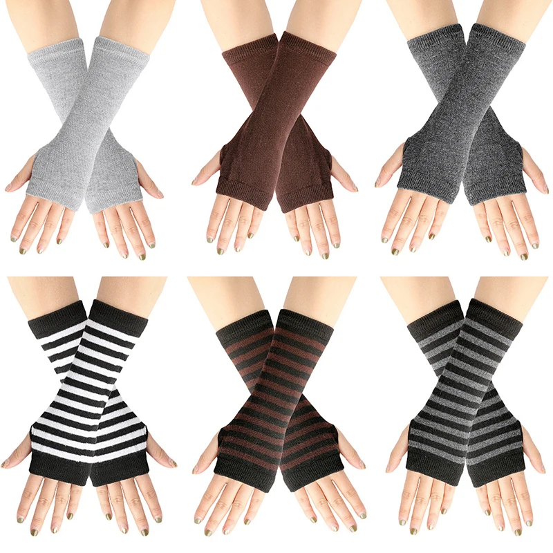 Women Fashion Lady Striped Elbow Gloves Warmer Knitted Long Fingerless Gloves Elbow Mittens Christmas Gift Winter Arm Cover