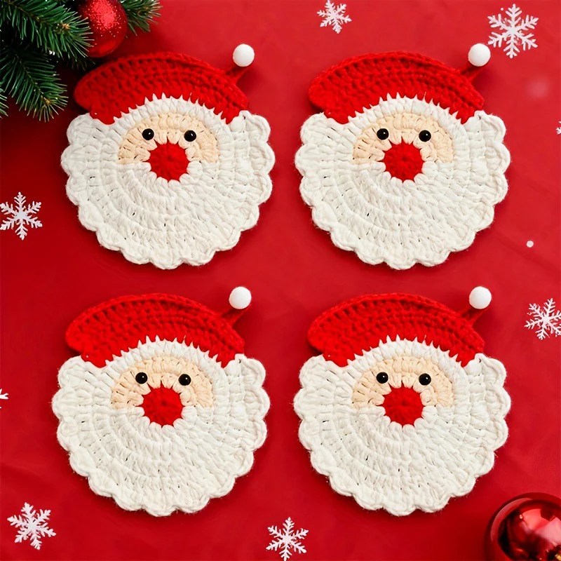 1Pc Handmade Crochet Santa Claus Coaster - Festive Red & White Christmas Decor, Drink Coaster For Holiday Table Setting