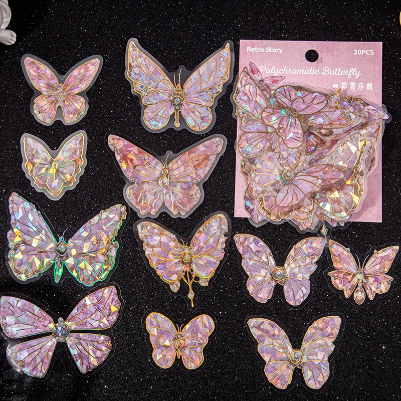20Pcs PET Stickers Crystal Laser Gold Butterfly Decorative Sticker Scrapbooking Material Label Diy Diary Phone Journal Planner