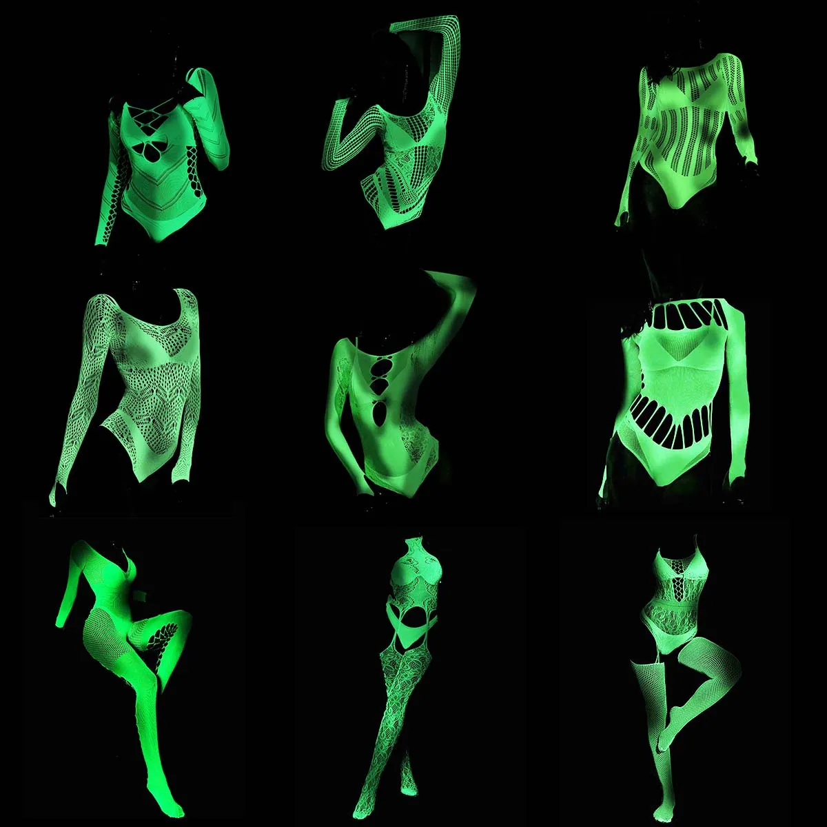 Erotic Luminous Costume Sexy Glow in Dark Lingerie Crotchless Women BodySuits Underwear Babydolls Hip Wrap Bodysuit Fishnet