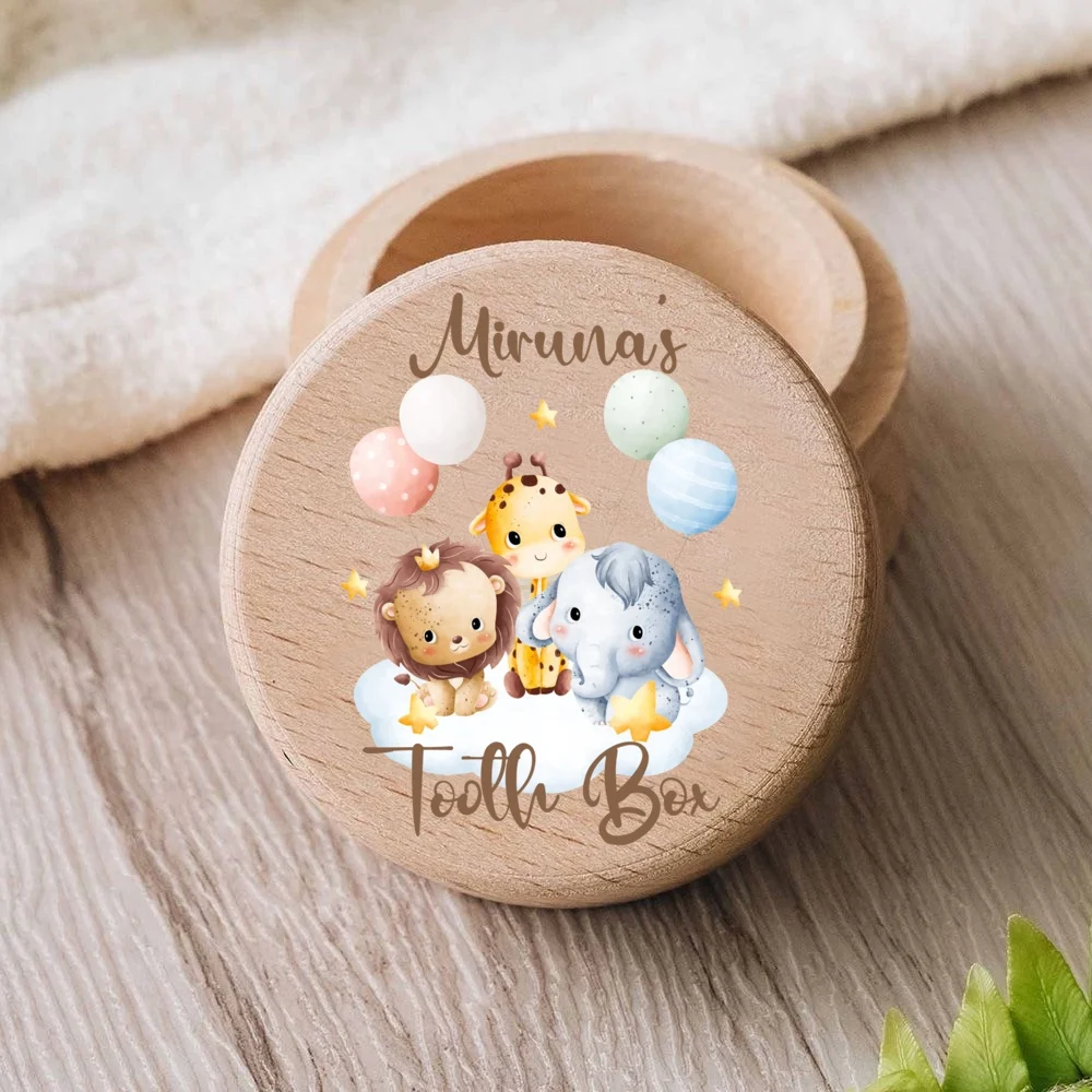 Personalised Baby Tooth Box  Wooden Milk Teeth Storage Collect Teeth Umbilical Save Boxes Safari Animal with Name Keepsake Gift