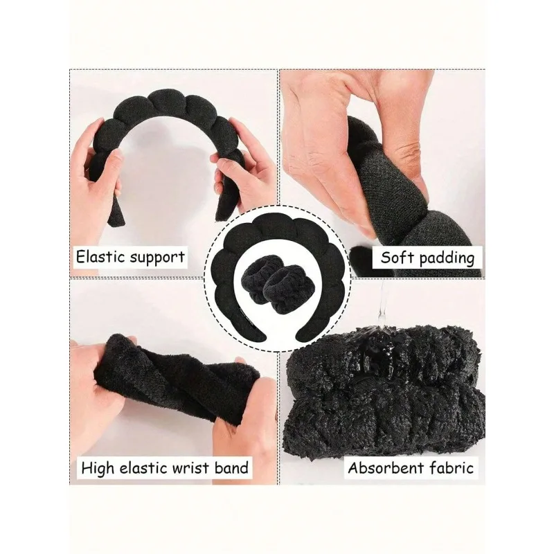 快適 - 洗顔、メイクアップ用3ピース高級ファイバースパヘッドバンドとリストバンドセット - ソフトな女性用ヘアアクセサリーセット