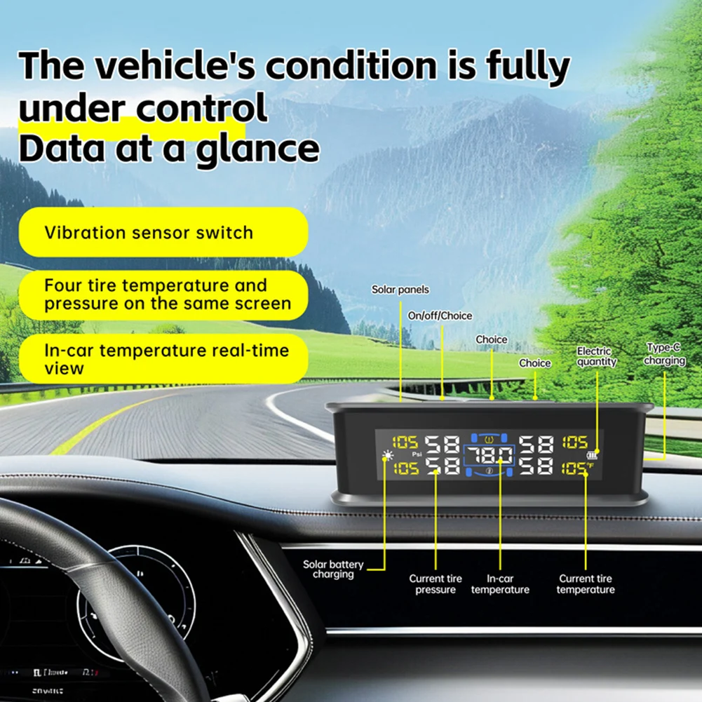 

Solar/USB Powered Tire Pressure Monitoring System LCD Display Wireless TPMS Tire Pressure Monitor System for RV Sedan SUV Truck