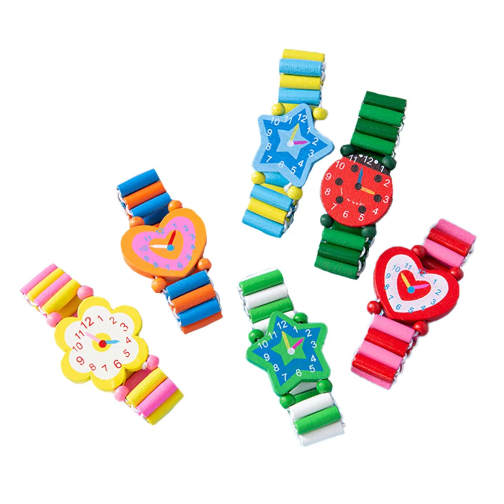 

6pcs Wooden Watch For Kids Bright Cartoon Design Educational Time Learning Bracelet Gift Smooth Safe Surface Lightweight