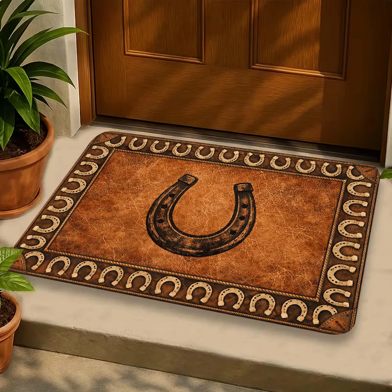 1pc 2D Flat Vintage Western Horseshoe Entryway Area Rug,Non‑SlipMachine‑Washable Easy‑Clean Decor Floor Mat for Indoor & Outdoor
