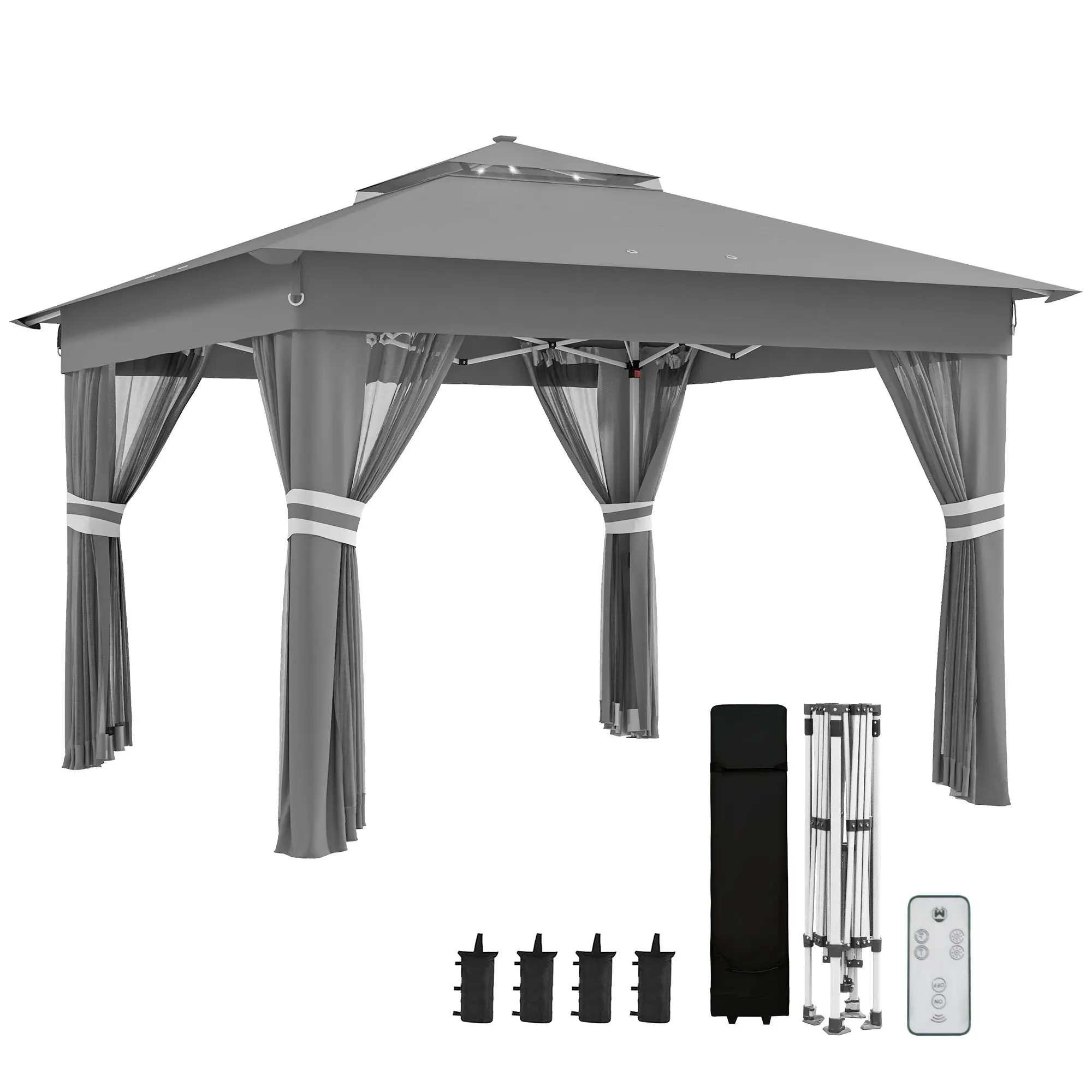 Outsunny 3x3 m folding tent with double roof 4 mosquito nets LED lights Gray