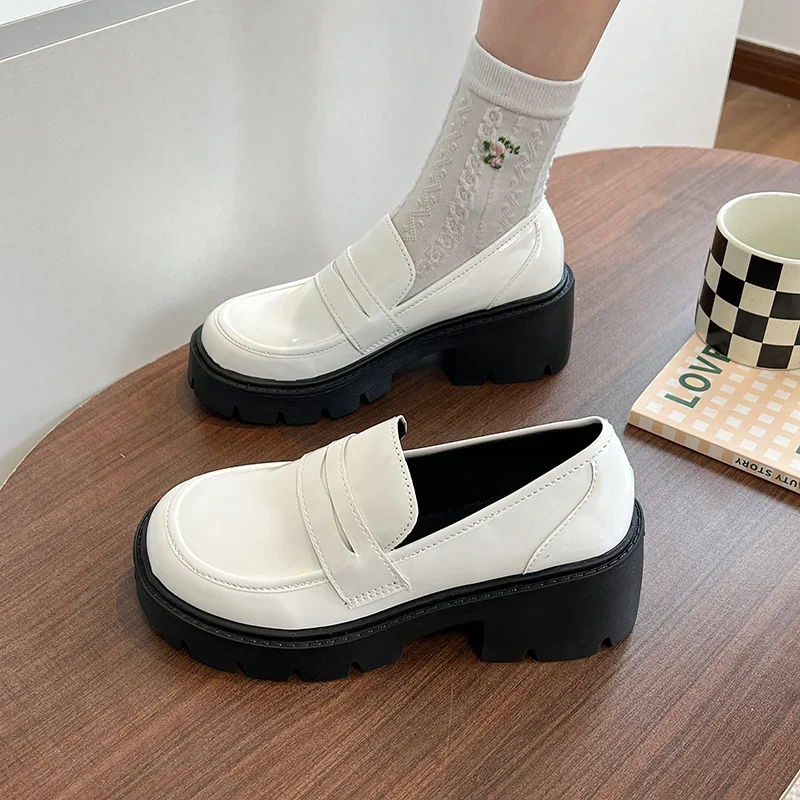 Loafers Woman 2024 Spring and Autumn British Style Punk Platform Slip-on Lolita Shoes Fashion Pu Leather Heeled Mary Jane Shoe